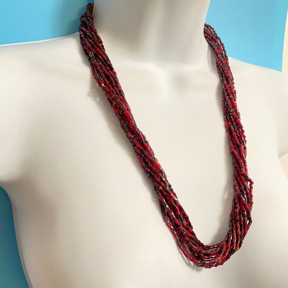 Glass Beads Necklace Red Burgundy Multi-Strand With Gold Tone Clasp - Picture 1 of 4